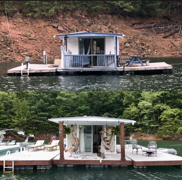 A before image on top shows a white and blue one-story home with a deck on either side, floating on a lake. The second image on the bottom is the same house, but updated and improved. The decks are level, the columns supporting an overhang are larger, there is patio furniture on the decks, and two…